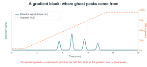 Gradient blank chromatogram with a rising percent-B line above small ghost peaks that elute as the organic gradient increases even though no sample was injected.