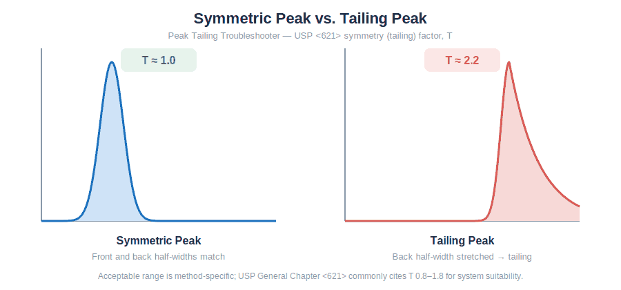 Peak tailing troubleshooter diagram comparing a symmetric HPLC peak to a tailing peak with USP tailing factor values