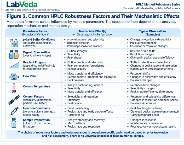 Table of common HPLC robustness factors and their mechanistic effects: pH and buffer conditions, organic composition, gradient program, flow rate, column temperature, column factors, injection conditions, and sample preparation.