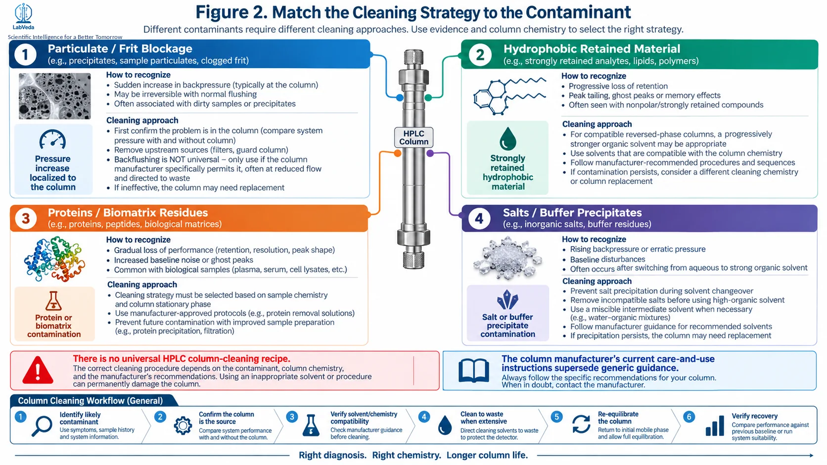 Matching HPLC cleaning strategy to the contaminant: particulate or frit blockage, hydrophobic retained material, proteins or biomatrix residues, and salts or buffer precipitates, each with recognition clues and a cleaning approach.