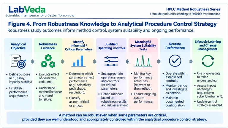 Flow from robustness knowledge to analytical procedure control strategy: analytical objective, robustness evidence, identify influential parameters, justified operating controls, meaningful system suitability tests, routine performance, and lifecycle learning.