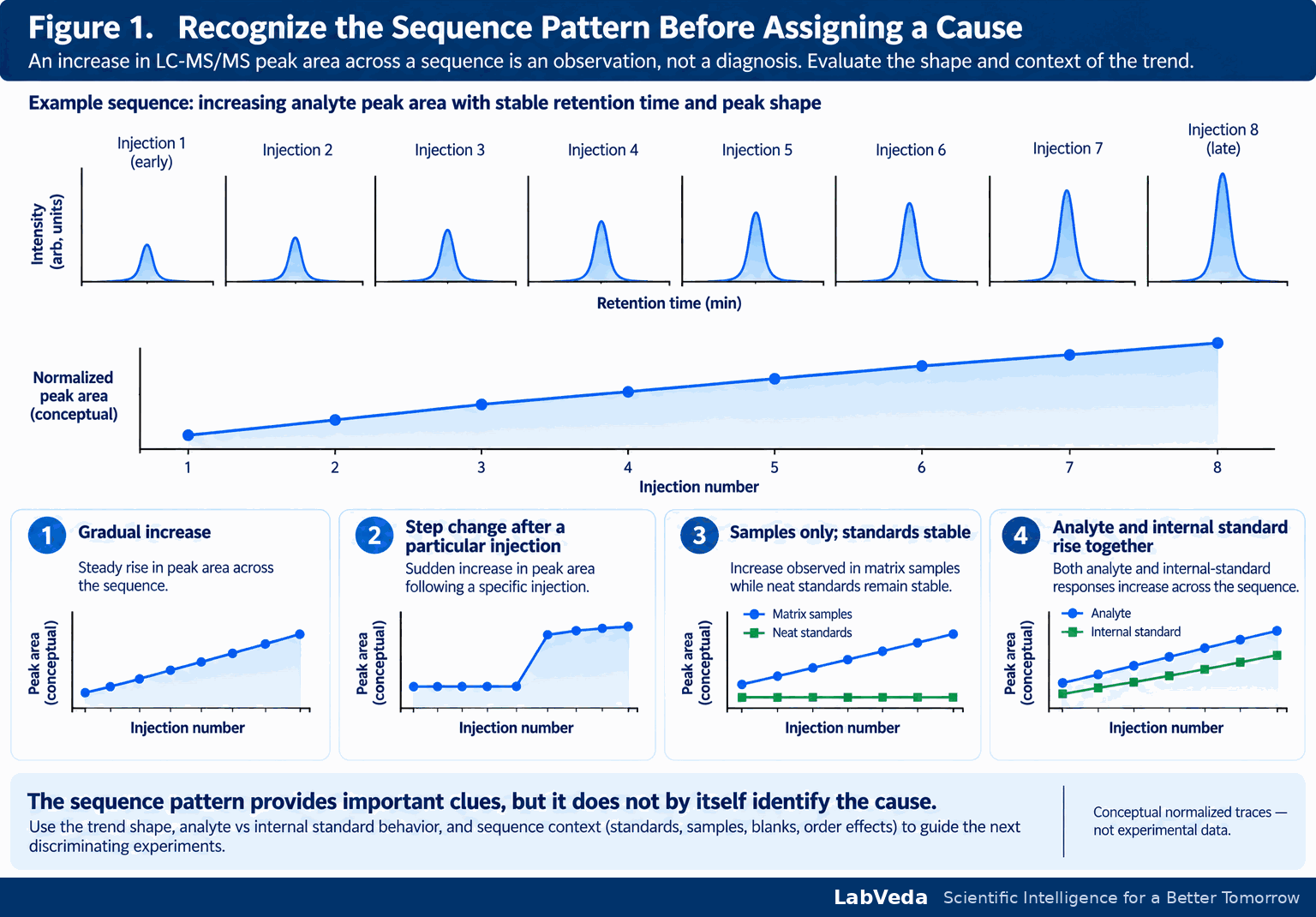 Eight-injection LC-MS/MS sequence showing analyte peak area rising with stable retention time and peak shape, plus four conceptual trend patterns: gradual increase, step change after one injection, matrix samples only, and analyte and internal standard rising together.
