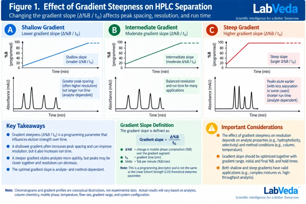 Three conceptual HPLC gradient profiles and their chromatograms comparing a shallow, intermediate and steep gradient slope, showing wider peak spacing and longer run time for the shallow gradient and earlier, more compressed peaks for the steep gradient.