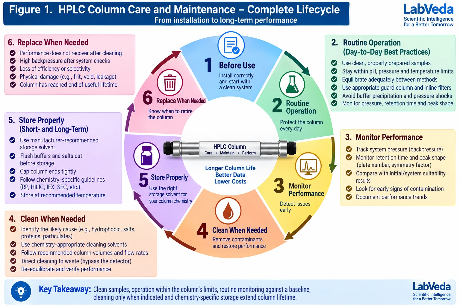 Circular six-stage diagram of HPLC column care and maintenance: before use, routine operation, monitor performance, clean when needed, store properly and replace when needed, with a checklist of actions beside stages 2 to 6 and an HPLC column at the center.
