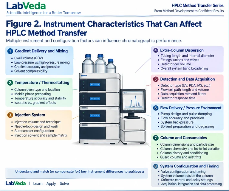 Diagram of an HPLC system labeling the instrument characteristics that can affect a transferred method: gradient delivery and mixing, temperature and thermostatting, injection system, extra-column dispersion, detection and data acquisition, flow delivery and pressure environment, column and consumables, and system configuration and timing.