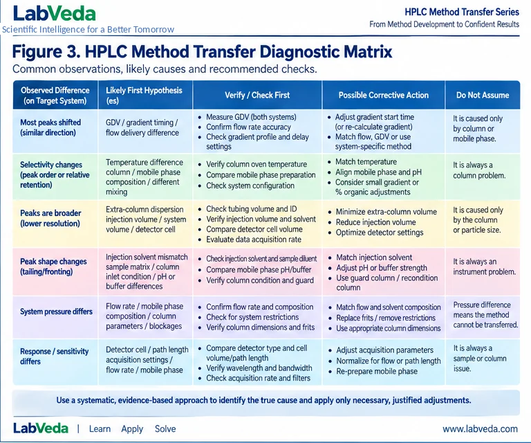 A symptom-based diagnostic matrix for HPLC method transfer: for each observed difference (most peaks shifted, selectivity change, broader peaks, peak-shape change, pressure difference, response difference) it lists likely first hypotheses, what to verify first, a possible corrective action, and an assumption to avoid.