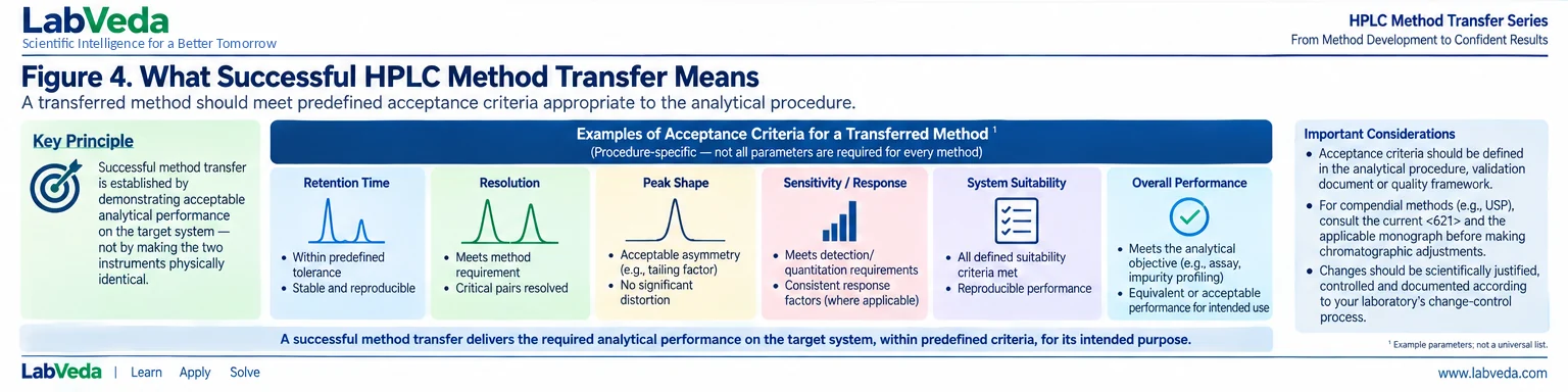 Examples of acceptance criteria for a transferred HPLC method: retention time within tolerance, resolution meeting the method requirement, acceptable peak shape, sensitivity or response, system suitability, and overall analytical performance for the intended purpose.
