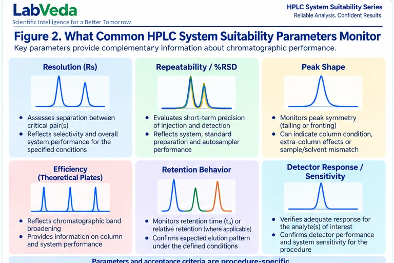 Six panels showing the common HPLC system suitability parameters: resolution between a critical pair, repeatability shown by replicate injections, peak shape (tailing or fronting), efficiency or theoretical plates, retention behavior across peaks, and detector response or sensitivity.