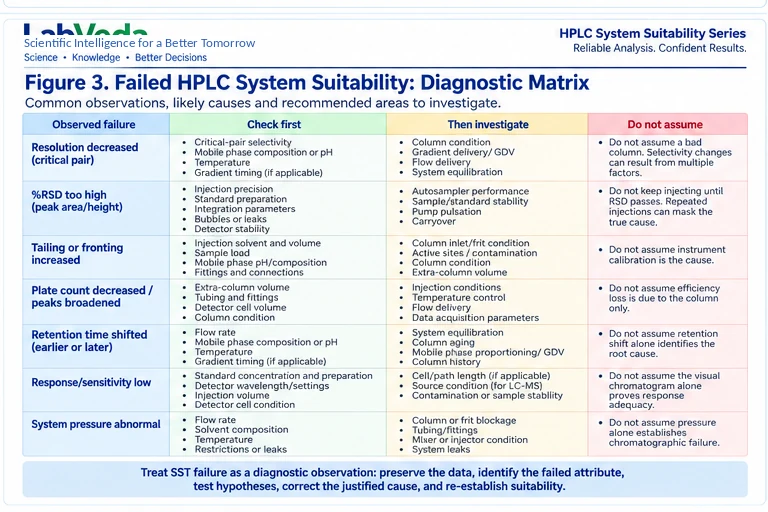 A diagnostic matrix for a failed HPLC system suitability test: each observed failure (resolution decreased, high %RSD, tailing or fronting, plate count decreased, retention shifted, low response, abnormal pressure) is paired with what to check first, what to investigate next, and an assumption not to make.