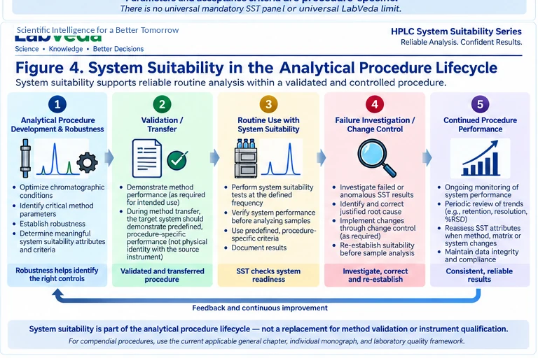 System suitability within the analytical procedure lifecycle: development and robustness, validation and transfer, routine use with system suitability, failure investigation and change control, and continued procedure performance, connected in a feedback loop of continuous improvement.