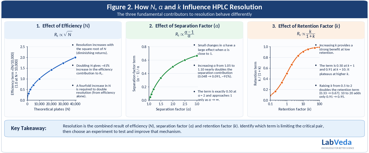 Three plots showing how HPLC resolution depends on efficiency N (square-root curve), separation factor alpha (steep rise near alpha = 1) and retention factor k (k over 1 plus k, plateauing at high k)