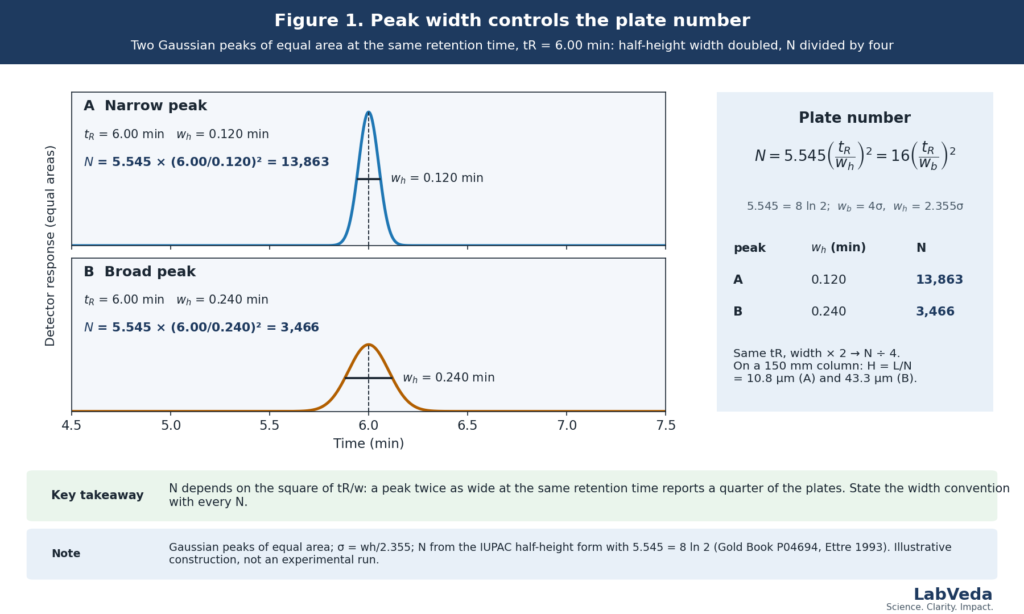 Two idealized HPLC peaks of equal area at the same retention time of 6.00 minutes: the narrow peak with half-height width 0.120 minutes gives 13,863 theoretical plates and the broad peak with half-height width 0.240 minutes gives 3,466