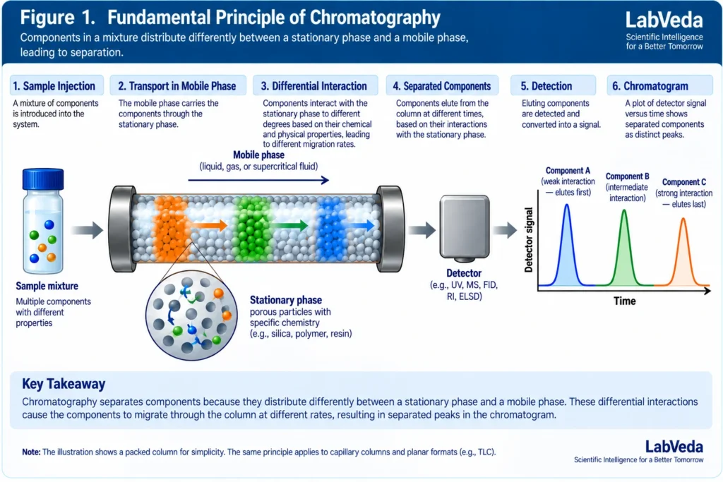 Five-step diagram of the chromatographic separation process: a sample mixture is injected, the mobile phase carries it through a packed column, components interact differently with the stationary phase, a detector records the eluting components, and separated peaks A, B and C appear on a chromatogram.
