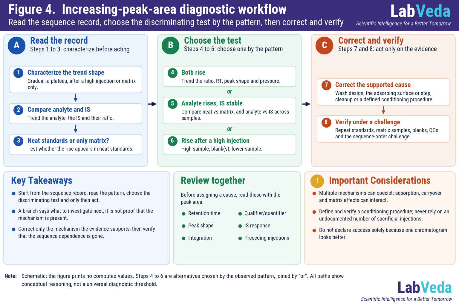 LC-MS/MS increasing-peak-area diagnostic workflow: start with the sequence record, branch on the observed pattern (both analyte and IS rise; analyte rises while IS stable; rise after a high injection), run the matching discriminating test, then correct the supported cause and verify.