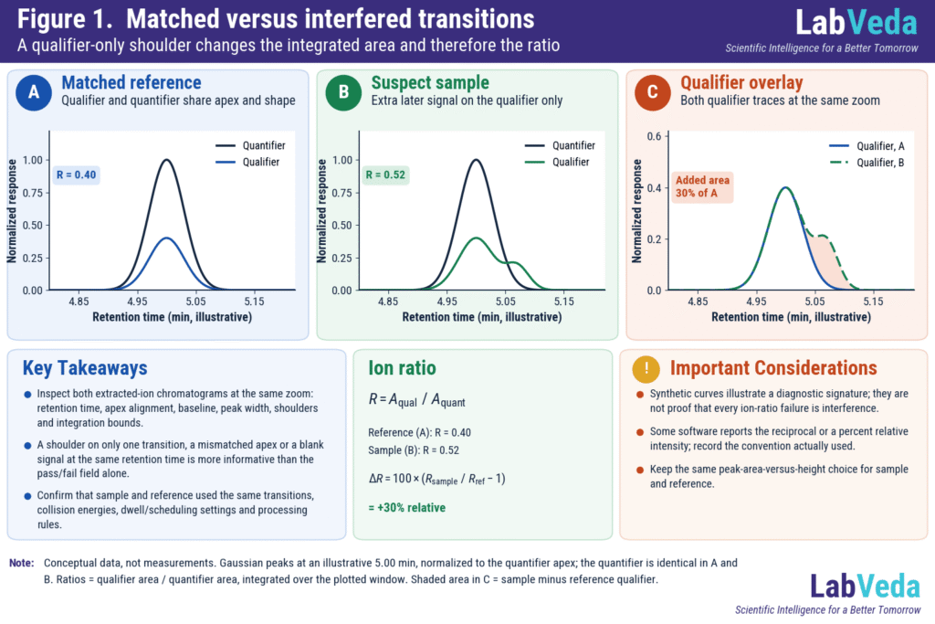 Three synthetic LC-MS/MS MRM chromatogram panels for an ion ratio check: in the matched reference the quantifier and qualifier peaks share an apex at 5.0 min (ratio 0.40); in the suspect sample the qualifier trace carries a later-eluting shoulder that changes its integrated area (ratio 0.52); an overlay of the two qualifier traces shades the added area, 30% of the reference qualifier.