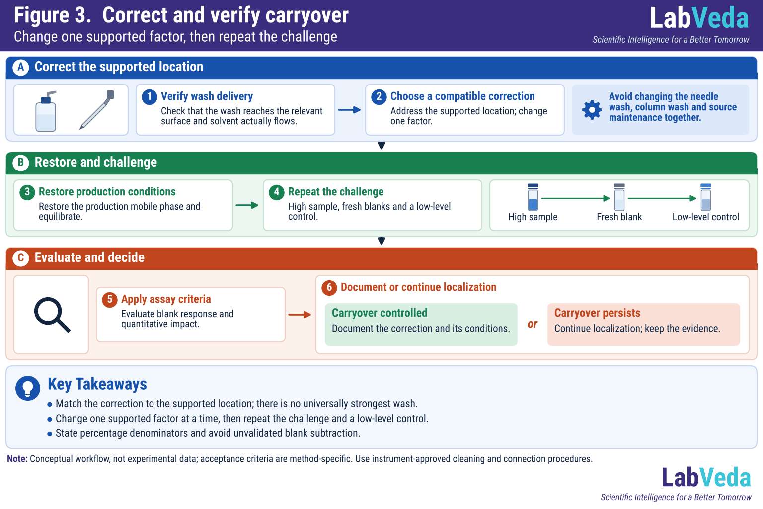 Three sequential phases show verifying wash delivery and choosing a compatible correction, restoring production conditions and repeating the high-sample/blank challenge with a low-level control, then applying assay criteria and documenting the correction or continuing localization.
