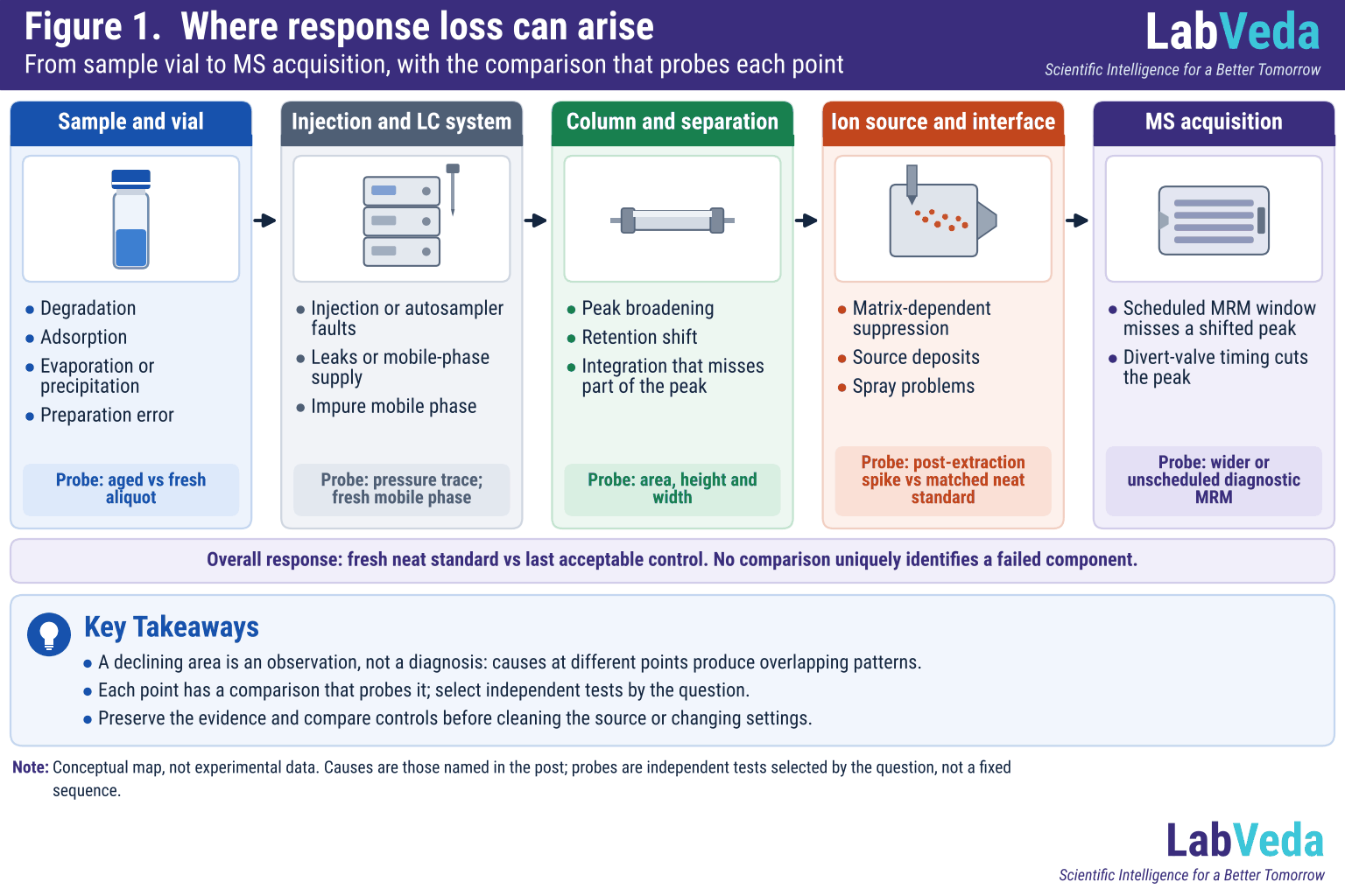 Five linked stages from sample vial to MS acquisition, each drawn with an equipment icon, the causes of response loss named in the post and the comparison that probes that stage, above a bar stating that a fresh neat standard versus the last acceptable control probes overall response.