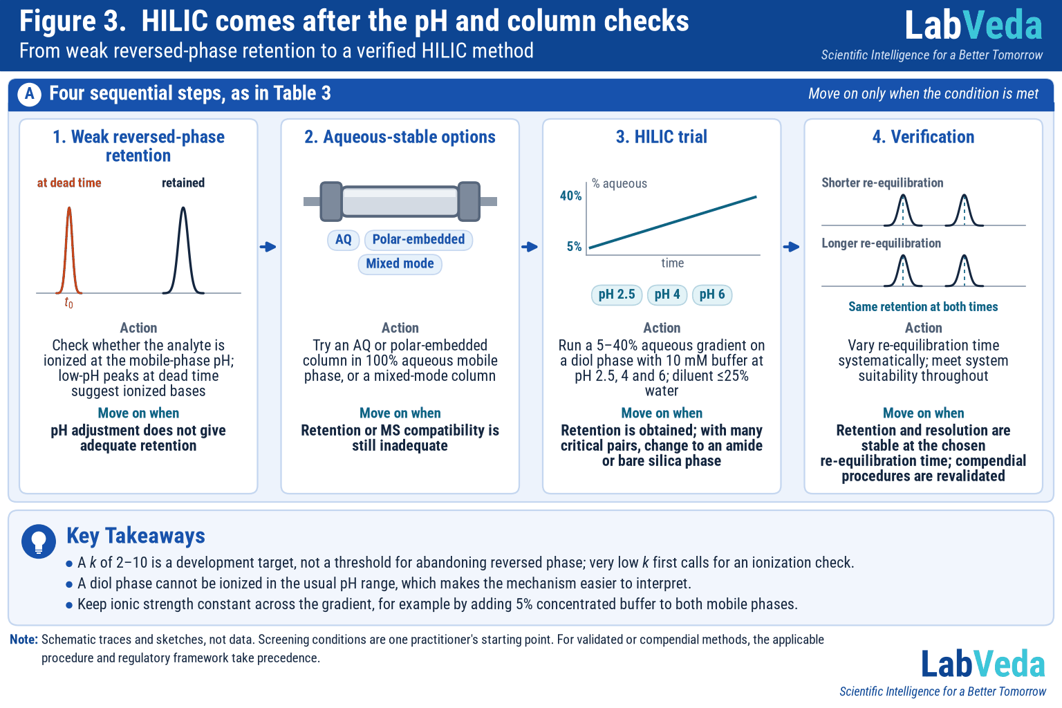 Four-step workflow for switching from reversed-phase HPLC to HILIC: weak retention and ionization check, aqueous-stable column options, HILIC trial with controlled diluent, and verification of re-equilibration time and system suitability.