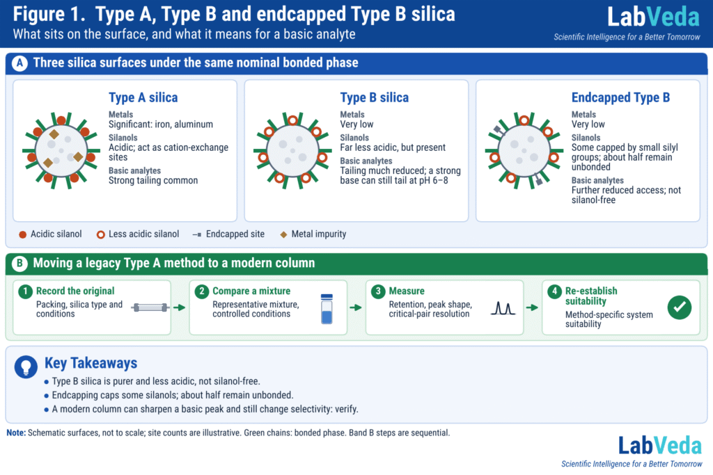 Three silica particles with green bonded chains. Type A shows filled red acidic silanols and amber metal impurities; Type B shows red-ring, less acidic silanols and no metal marks (very low metal content); endcapped Type B shows some sites capped by grey silyl groups and the rest as red rings, with no metal marks. Each lists metals, silanols and the effect on basic analytes. Below, four sequential steps for moving a legacy Type A method to a modern column.